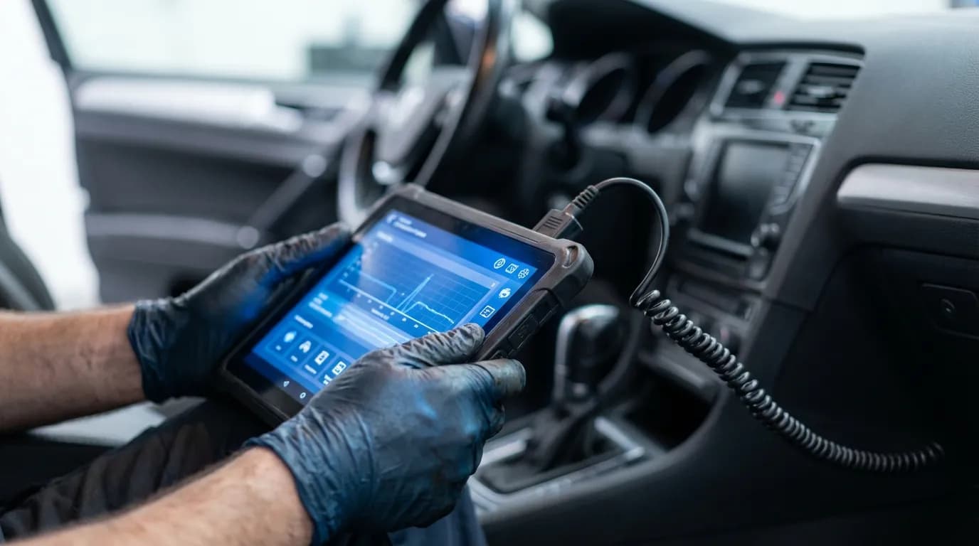 Mécanicien effectuant un diagnostic électronique avec une valise sur une Clio 3