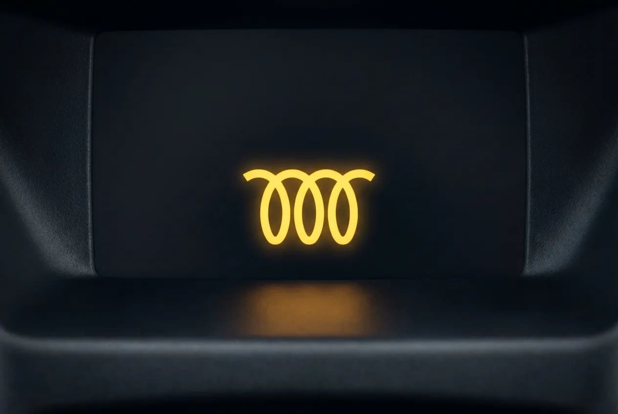 Icône orange du voyant de préchauffage allumée, symbolisant un défaut moteur sur fond noir.