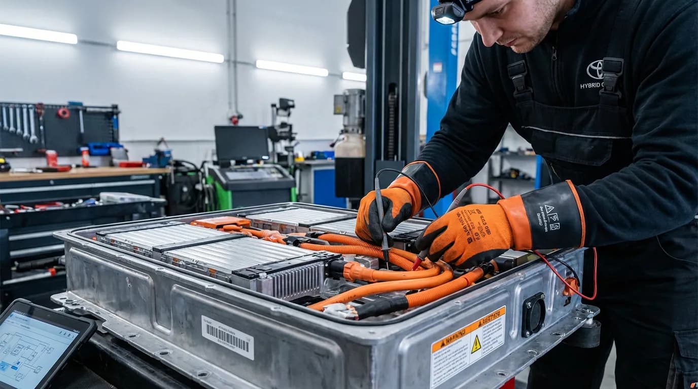 Mécanicien inspectant la batterie et les câbles haute tension du système hybride.