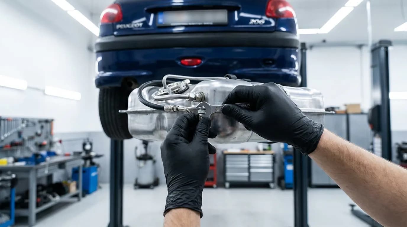 Un mécanicien professionnel effectuant le remplacement du réservoir d'une Peugeot 206 dans un garage automobile propre et moderne.
