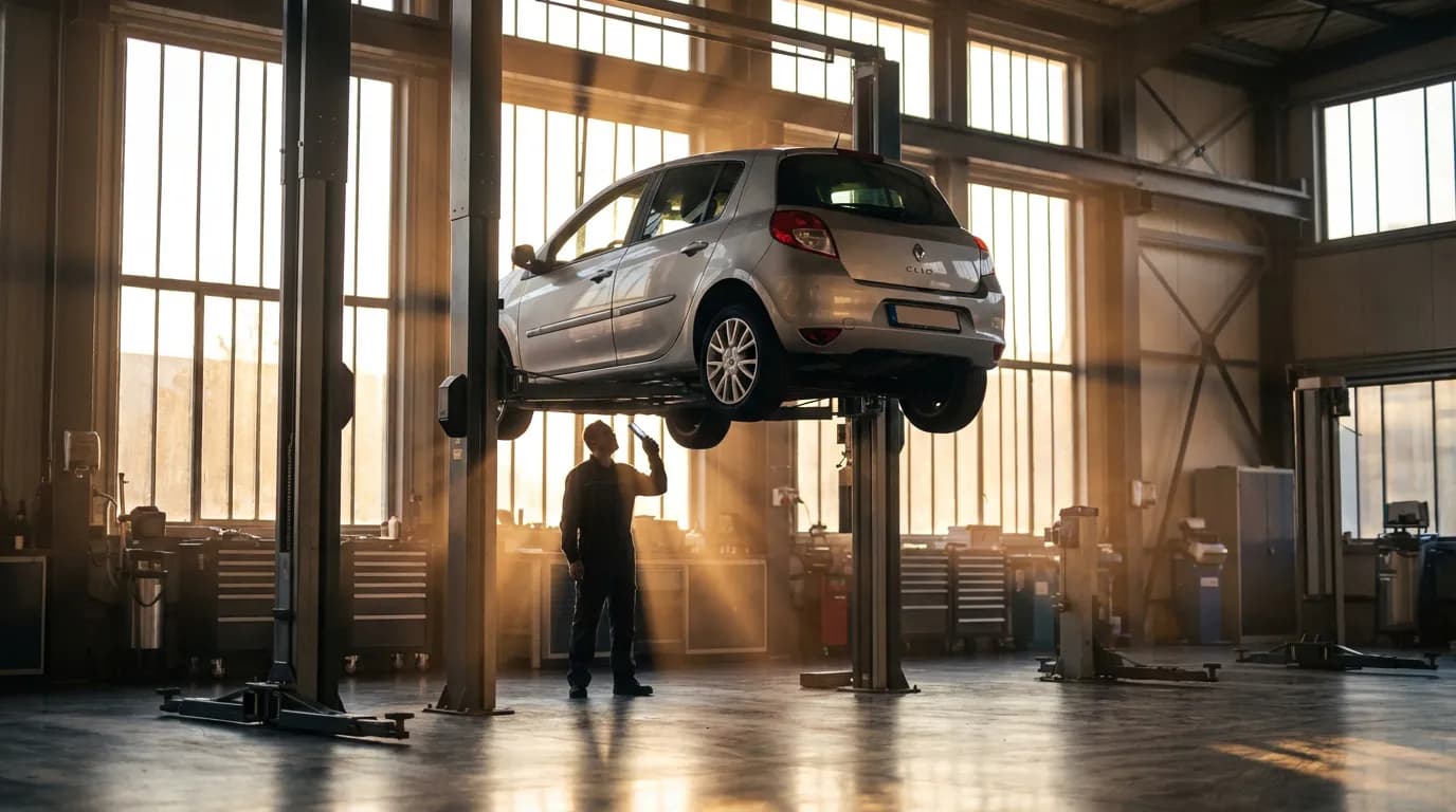 Renault Clio 3 sur un pont élévateur dans un garage automobile professionnel pour inspection de la boîte de vitesse