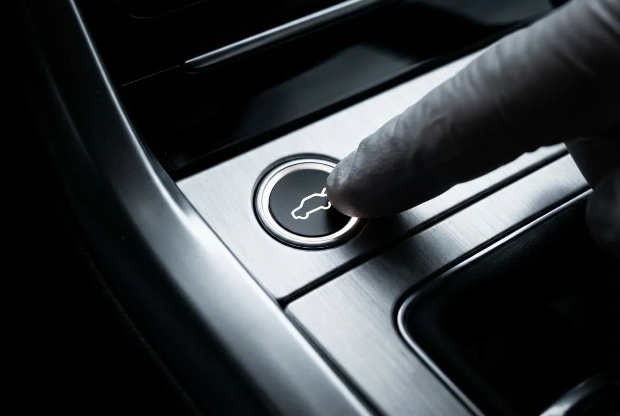 Gros plan sur un doigt appuyant sur le bouton d'ouverture du coffre électrique