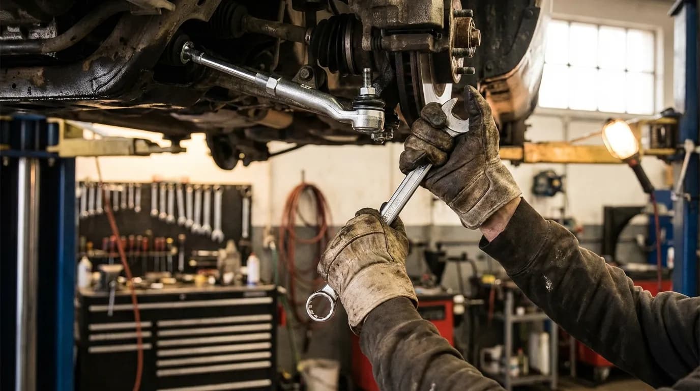Mains d'un mécanicien remplaçant une rotule de direction dans un garage professionnel.