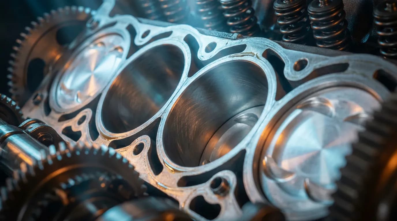 Vue intérieure artistique d'un bloc moteur haute performance illustrant l'architecture mécanique