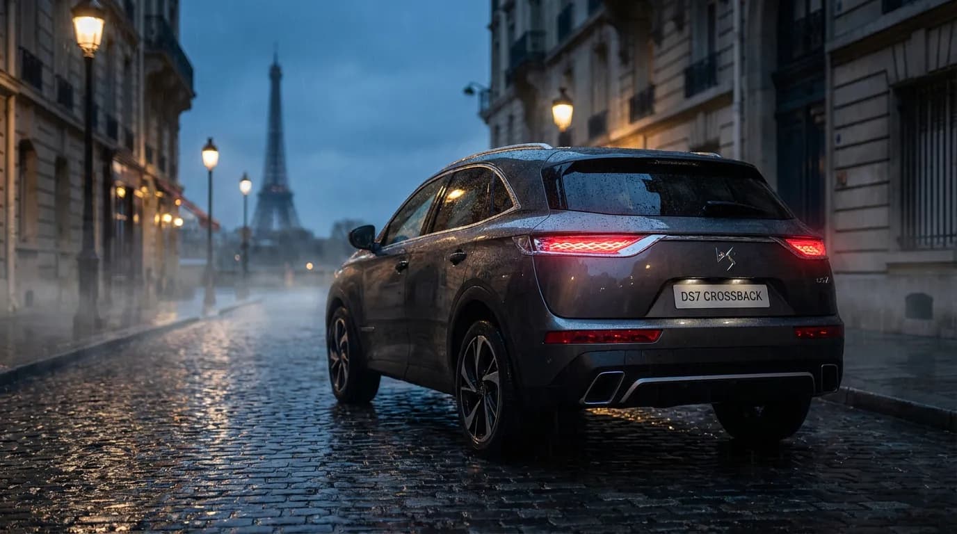 Vue arrière d'un SUV DS7 Crossback sous la pluie mettant en valeur les feux arrière allumés