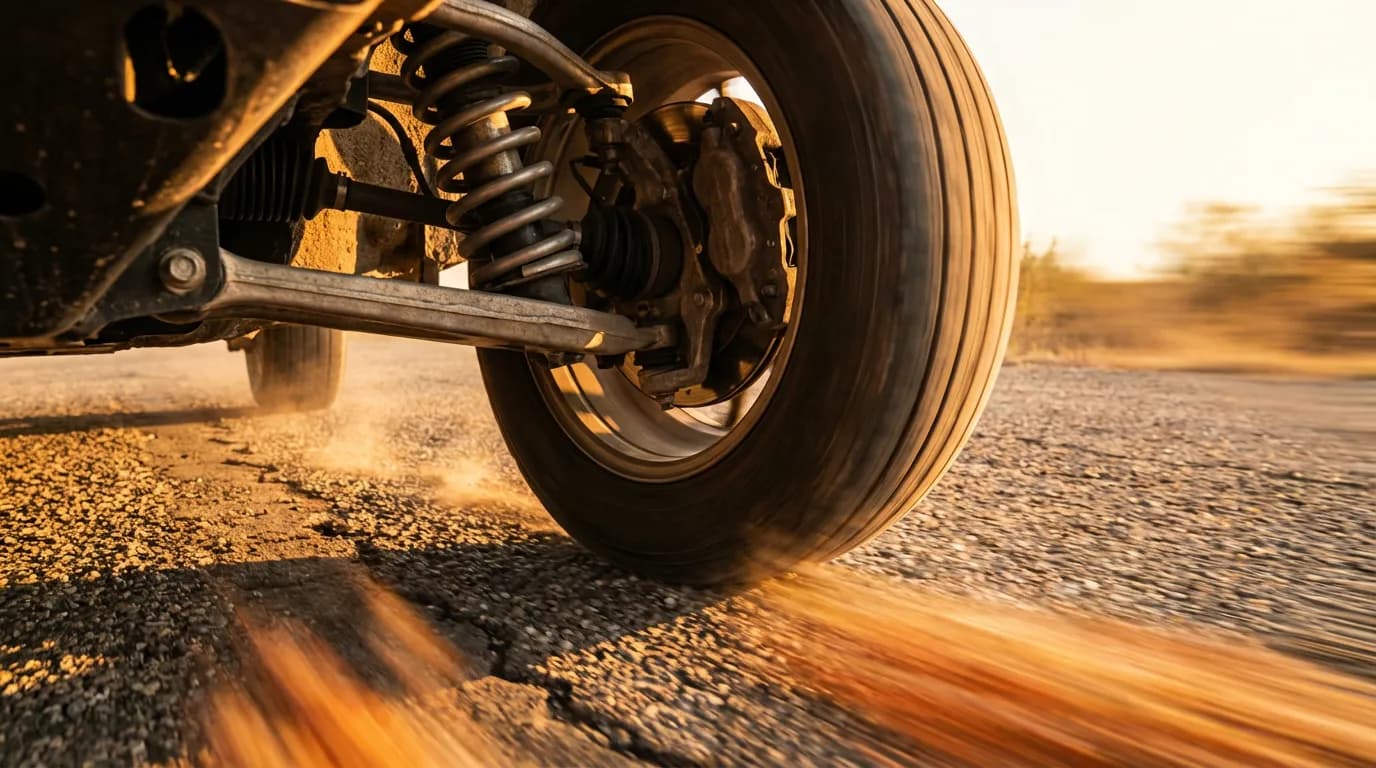 Danger suspension voiture en mouvement Vue cinématique en contre-plongée d'une roue de voiture et de sa suspension en mouvement sur la route au coucher du soleil.