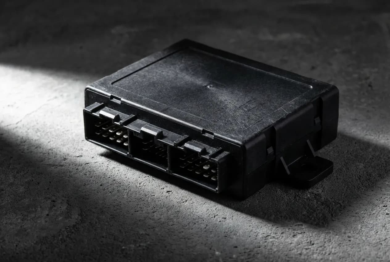 UCH : symptômes, pannes et réparation de ce boîtier BSI Gros plan d'un boîtier électronique UCH automobile, photographié en studio avec un fort contraste pour illustrer les pannes et réparations.