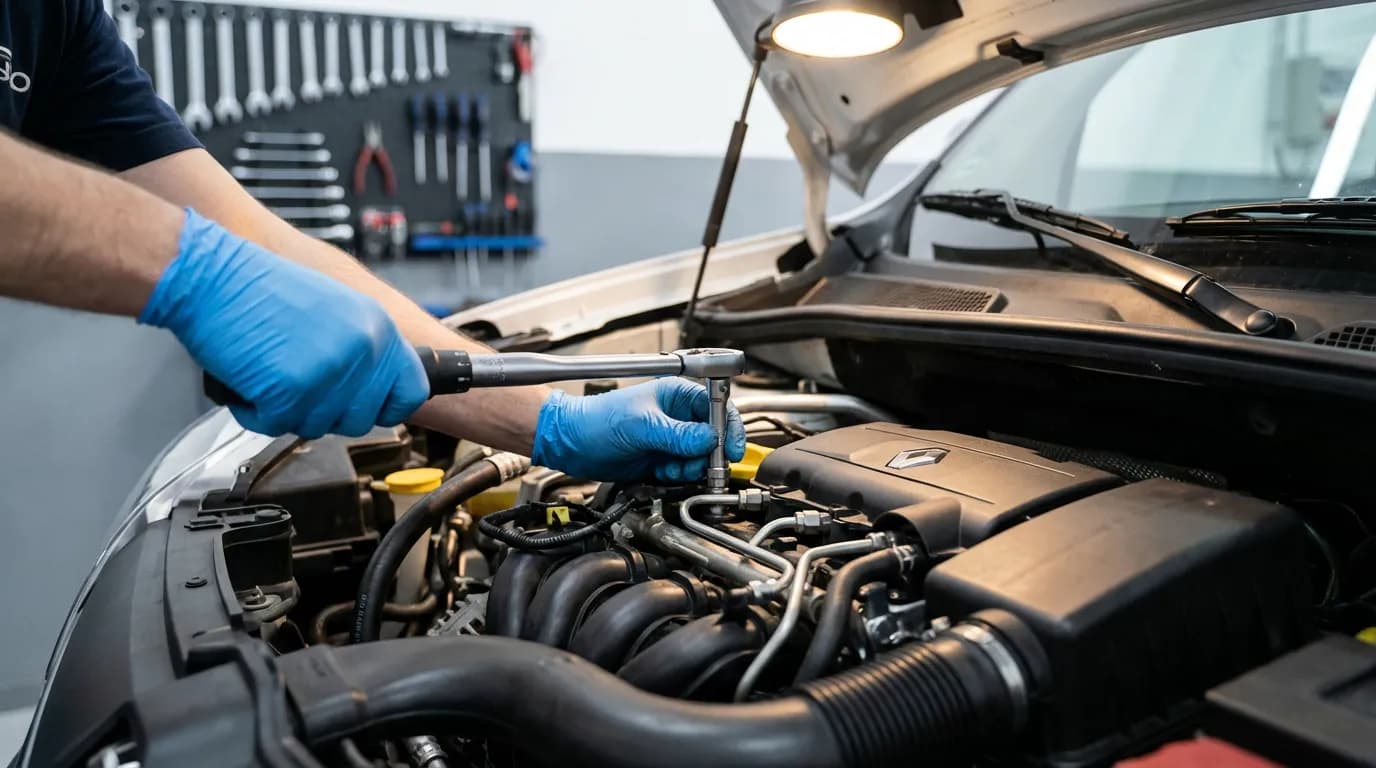 Diagnostic du système d'injection Un mécanicien expert inspecte le système d'injection d'un moteur de Renault Kangoo pour identifier la cause d'une panne.