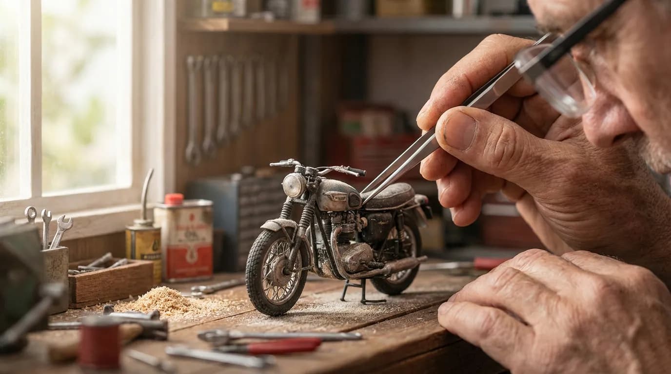 La passion du détail sur Miniafans Mains d'un collectionneur plaçant délicatement une miniature de moto dans un diorama d'atelier, illustrant la passion sur Miniafans.
