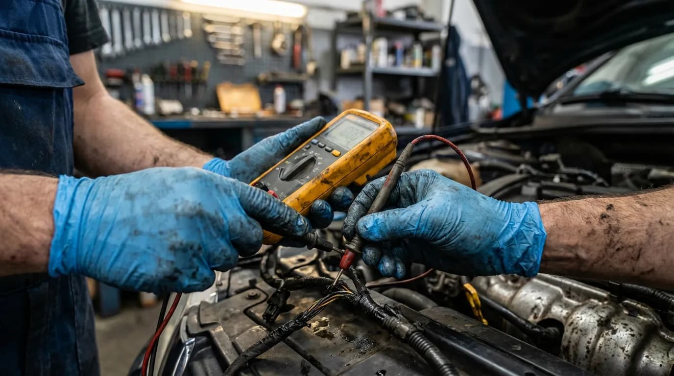 Test Multimètre Injecteur Moteur Mécanicien testant le faisceau électrique et les injecteurs pour réparer la panne DF027