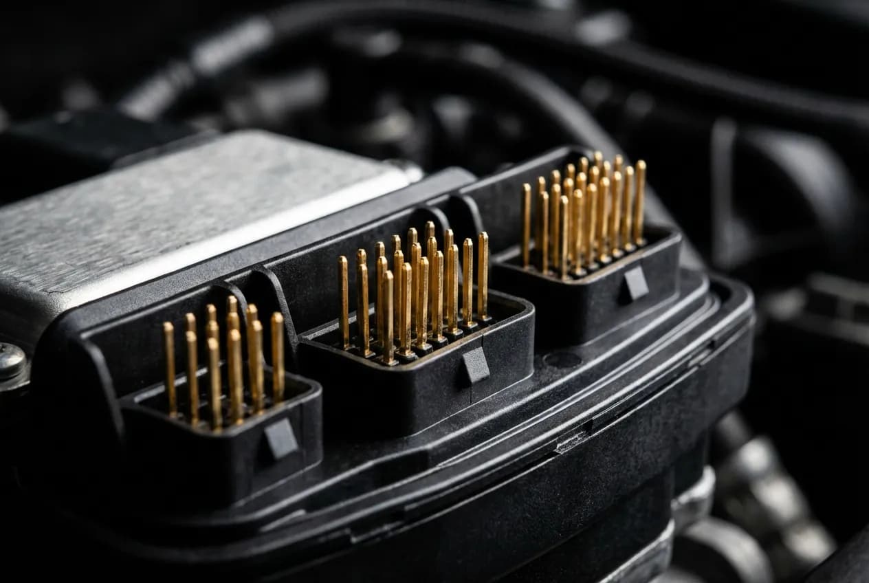 Défaut Pompe d'Additivation Multiplexée : Guide & Solutions Gros plan macro sur le connecteur électronique d'une pompe d'additivation automobile
