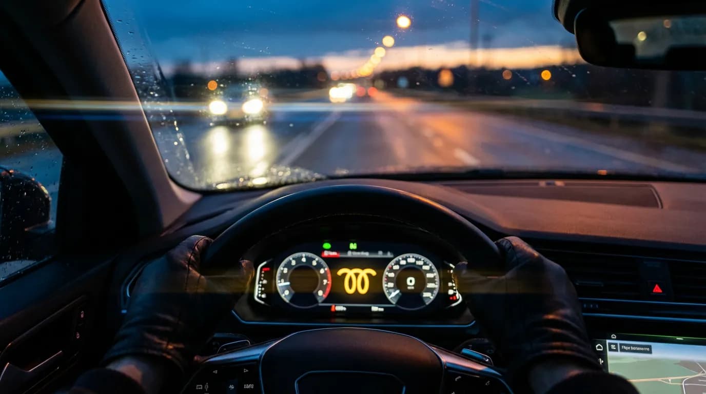 Panne moteur et voyant de préchauffage clignotant Tableau de bord d'une voiture moderne avec le voyant de préchauffage qui clignote, symbolisant une perte de puissance et une panne moteur.