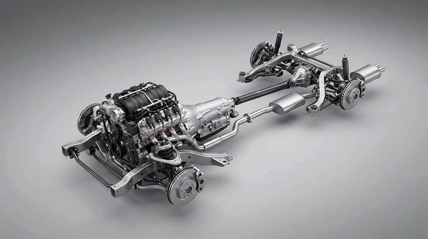 Schéma Technique Drivetrain Vue technique du châssis et de la chaîne cinématique montrant l'alignement longitudinal du moteur