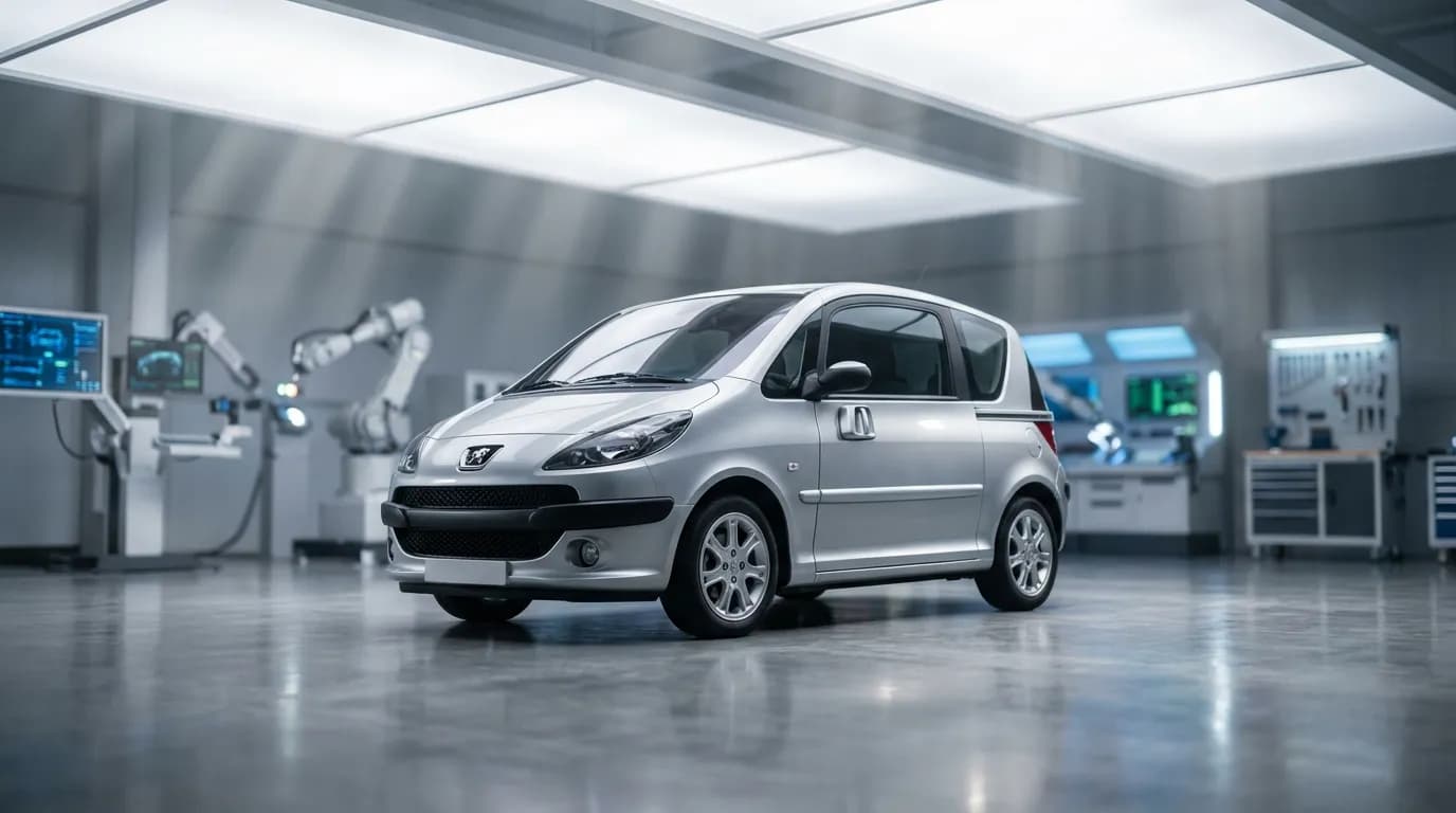 Peugeot 1007 Boîte Automatique Fiabilité Vue cinématique d'une Peugeot 1007 dans un garage moderne, illustrant la technologie et la fiabilité de sa boîte automatique.