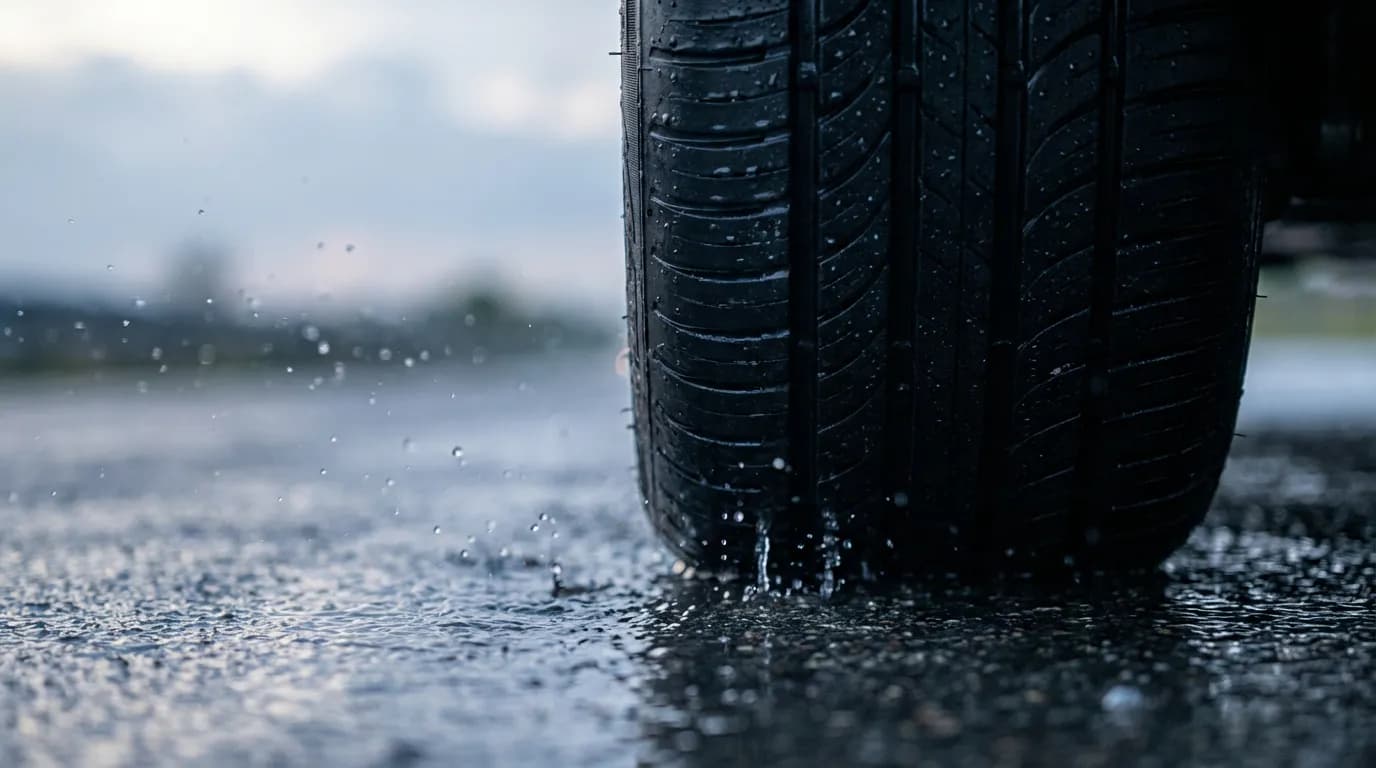 Performance adhérence pluie pneu Norauto Vue macro des rainures d'un pneu évacuant l'eau sur route mouillée, illustrant l'adhérence et la sécurité
