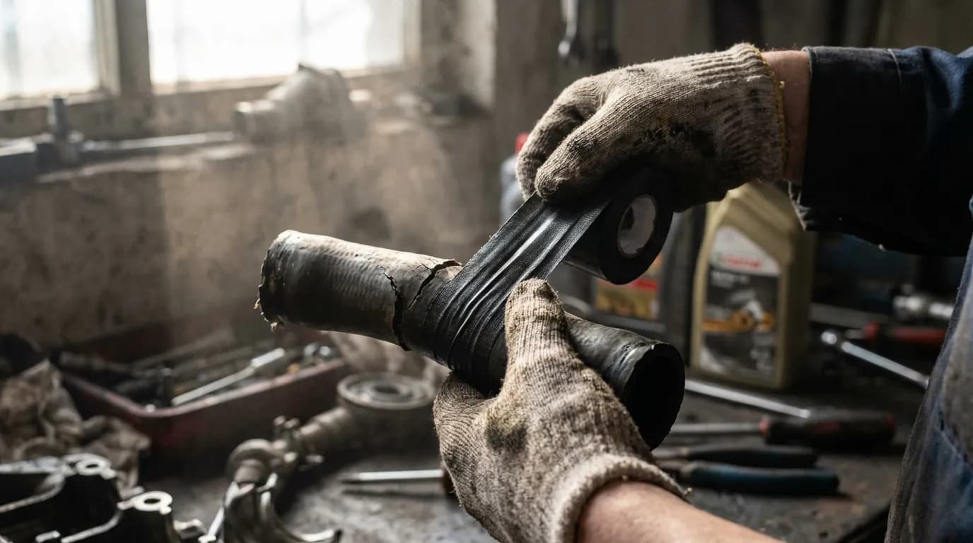 Réparation temporaire durite avec scotch Mains d'un mécanicien réparant une durite avec du ruban adhésif d'étanchéité