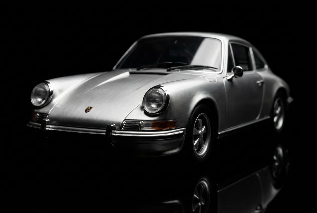 Miniafans : La référence des miniatures auto et moto Gros plan macro d'une miniature de voiture de sport argentée sur fond noir, style minimaliste et iconique pour Miniafans.