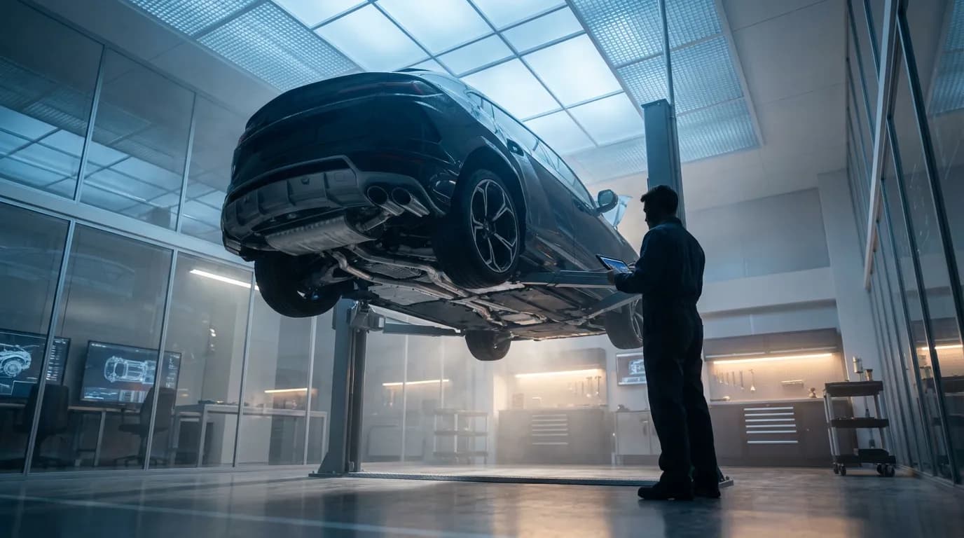 Inspection sous châssis garage moderne Véhicule sur pont élévateur dans un garage high-tech pour inspection de la pompe d'additivation sous le châssis