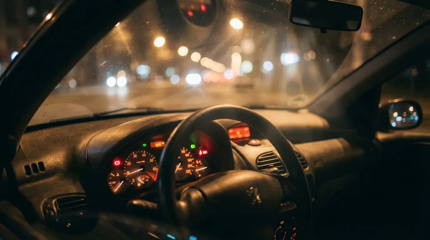 Les Voyants de la Peugeot 206 Tableau de bord d'une Peugeot 206 de nuit avec tous les voyants allumés, créant une ambiance cinématographique et intense.