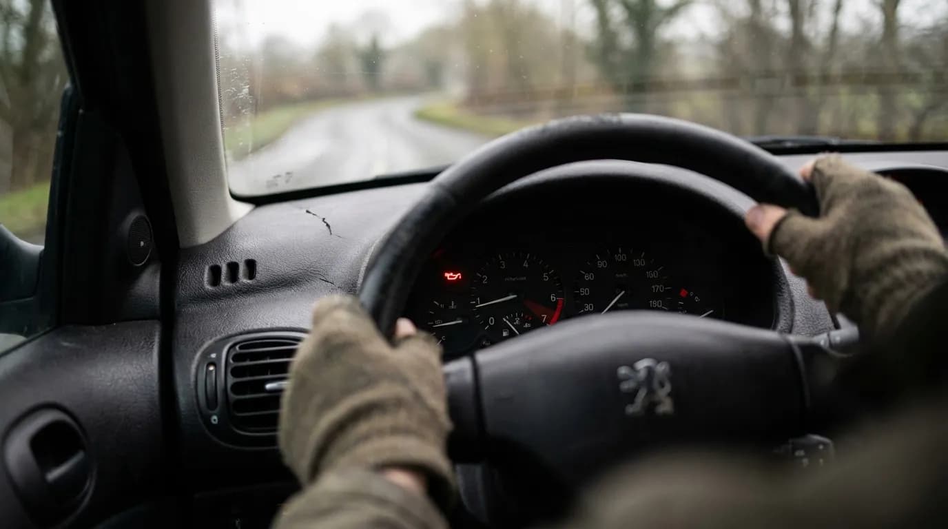 Réaction face à un Voyant d'Alerte Vue depuis le siège conducteur d'une Peugeot 206, regardant un voyant rouge d'alerte allumé sur le tableau de bord, illustrant une situation d'urgence.