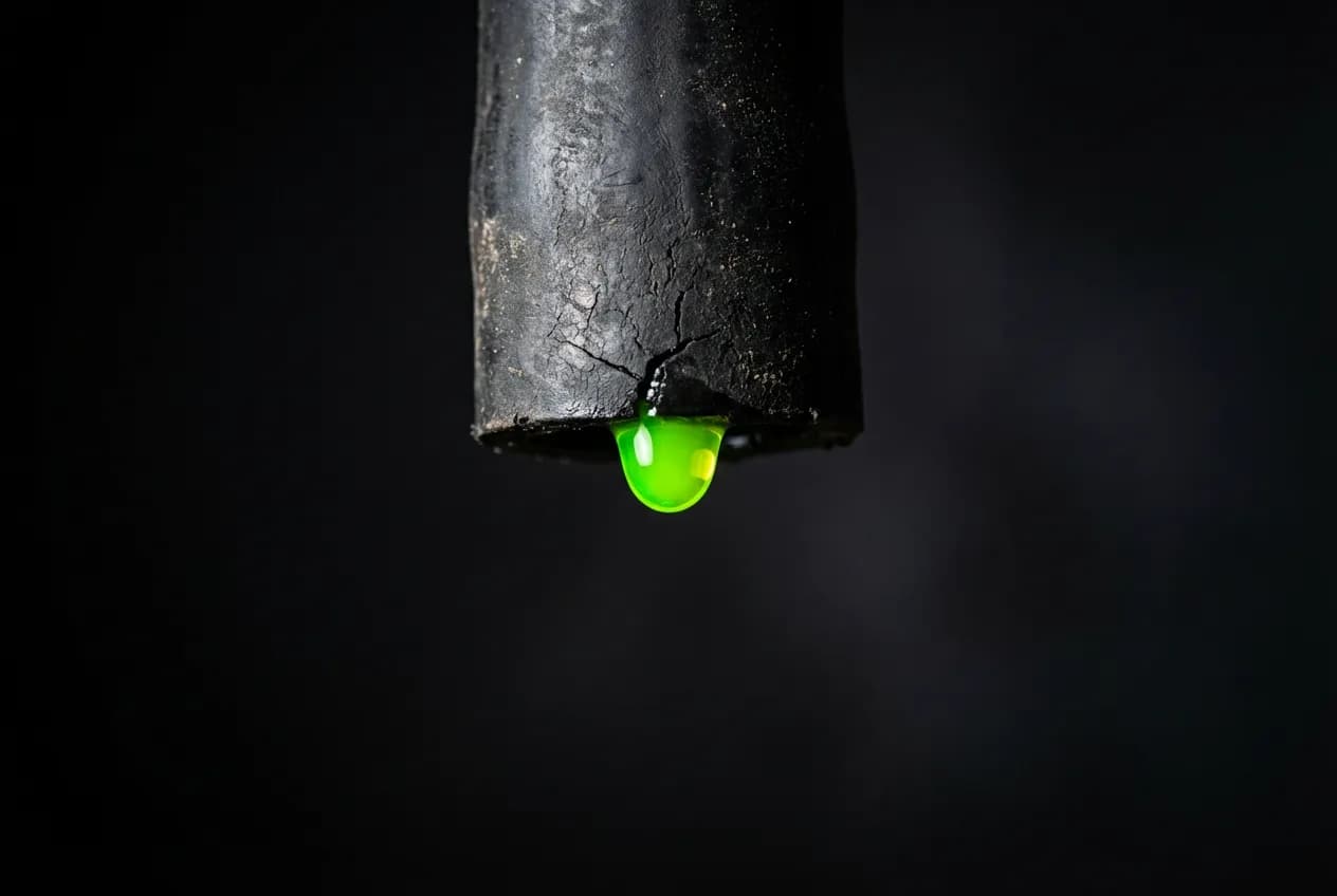 Reparer durite percée : Solutions d'urgence et durables Gros plan macro d'une goutte de liquide de refroidissement fuyant d'une durite en caoutchouc