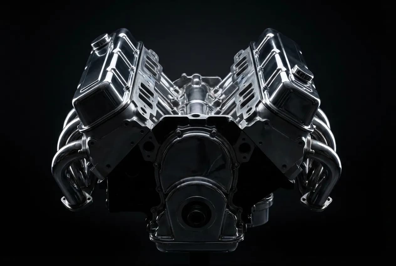 Moteur Longitudinal ou Transversal : Le Comparatif Complet Plan rapproché contrasté d'un bloc moteur V8 sur fond sombre