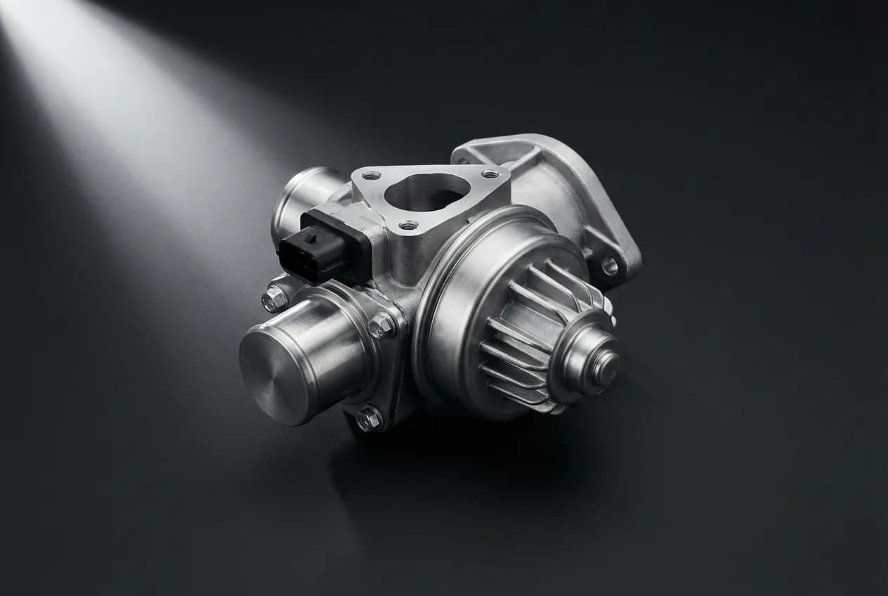 Vanne EGR sur 206 1.4 HDI : Symptômes, Nettoyage et Prix Photographie de studio d'une vanne EGR automobile isolée sur fond sombre, avec un éclairage à fort contraste.