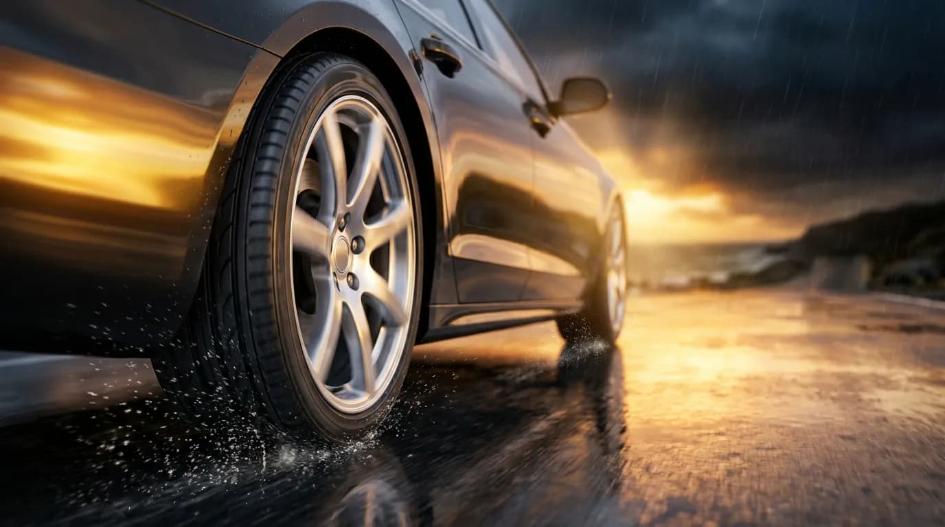 Test sur route Pneu Norauto Prevensys 4 Voiture moderne roulant sur chaussée humide au coucher du soleil, mise en avant de la performance du pneu