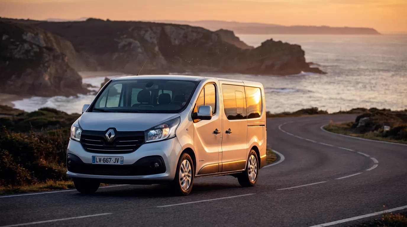 Analyse de la fiabilité du Renault Trafic Un Renault Trafic 2.0 dCi 115 gris argenté roulant sur une route panoramique au coucher du soleil, symbolisant la fiabilité et l'endurance.