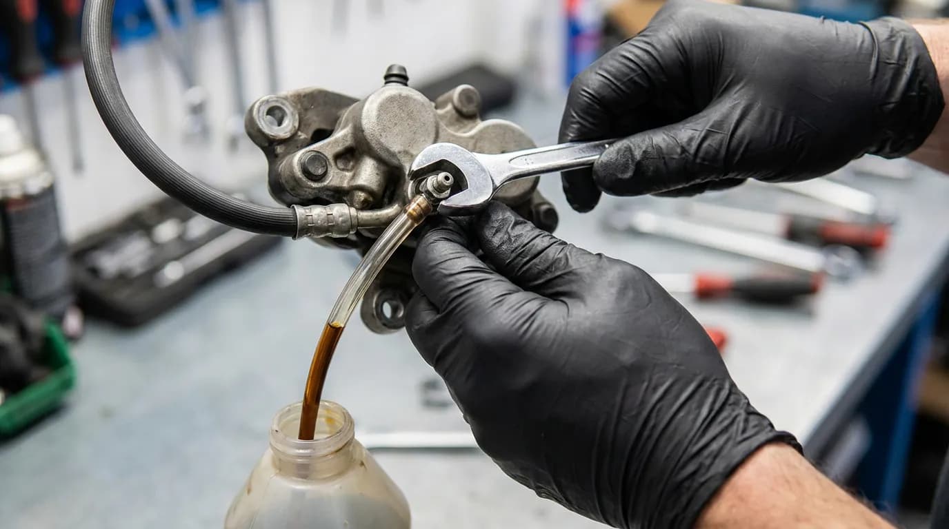Purge du liquide de frein moto Un mécanicien en gants noirs purge le liquide de frein d'un étrier de moto, montrant le vieux liquide s'écoulant dans un tuyau.