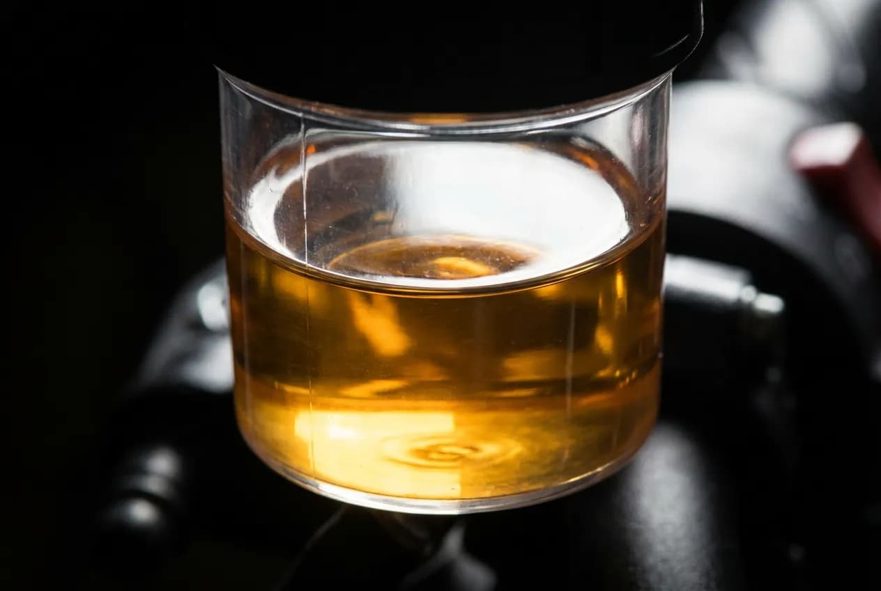 Liquide de frein moto : Quand, comment et lequel choisir ? Vue macro et minimaliste du réservoir de liquide de frein d'une moto, rempli de liquide neuf et propre, sur fond sombre.