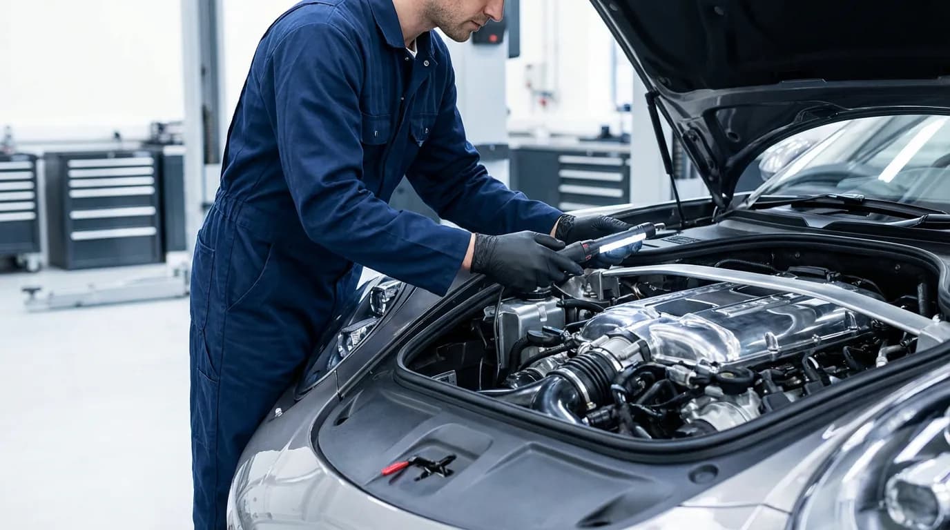 L'Expertise du Processus d'Importation Un mécanicien expert inspecte le moteur d'une voiture dans un garage impeccable, illustrant le processus de vérification et la rigueur technique d'Autolink Import 33.