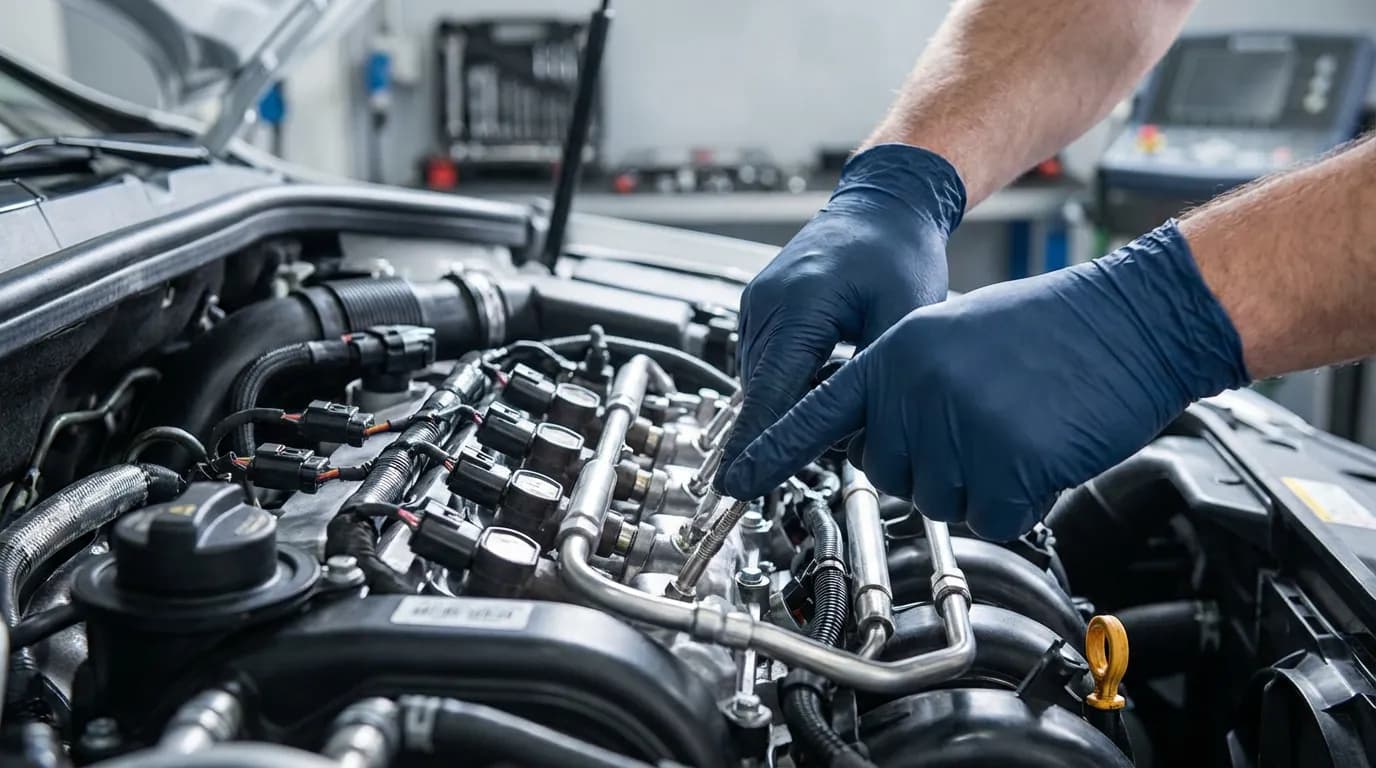 Inspection des bougies de préchauffage Gros plan sur un mécanicien inspectant les bougies de préchauffage dans le compartiment moteur d'un véhicule diesel, une des causes de la perte de puissance.