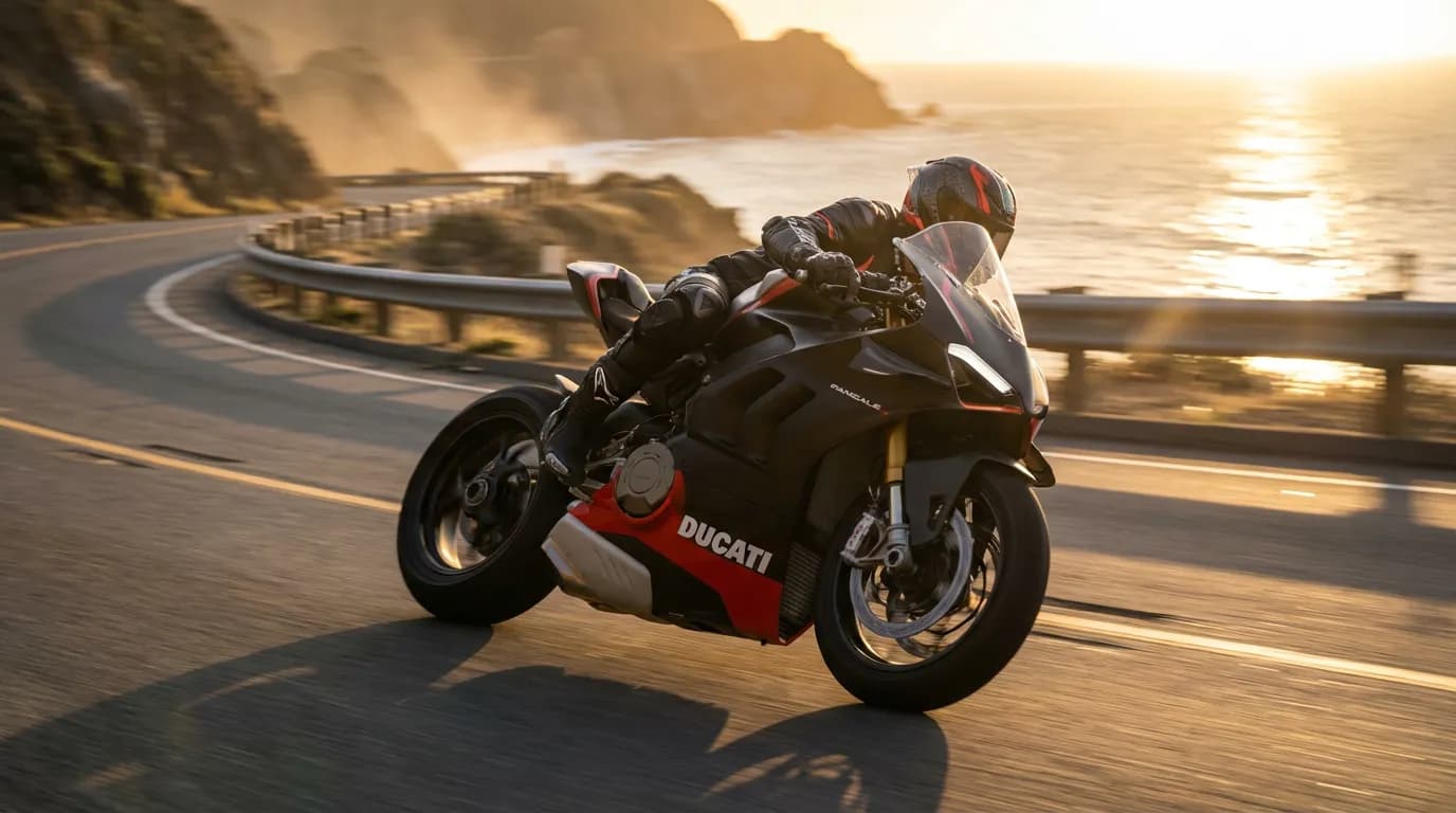 Performance et maîtrise sur route Motard prenant un virage serré sur une route côtière au coucher du soleil, illustrant la performance moto