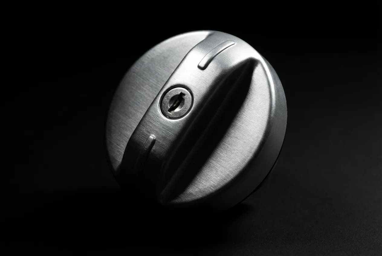 Réservoir 206 : Capacité, Prix et Guide de Remplacement Gros plan iconique de la trappe à essence d'une Peugeot 206, sur fond sombre et avec un éclairage de studio.