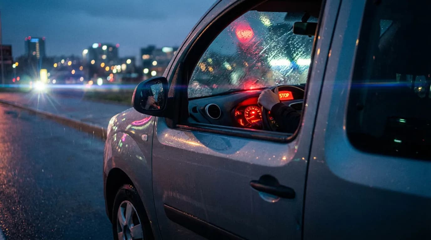 Panne d'injection sur Renault Kangoo Vue cinématique d'un Renault Kangoo à l'arrêt au crépuscule, avec le voyant STOP rouge de panne d'injection visible et brillant sur le tableau de bord.
