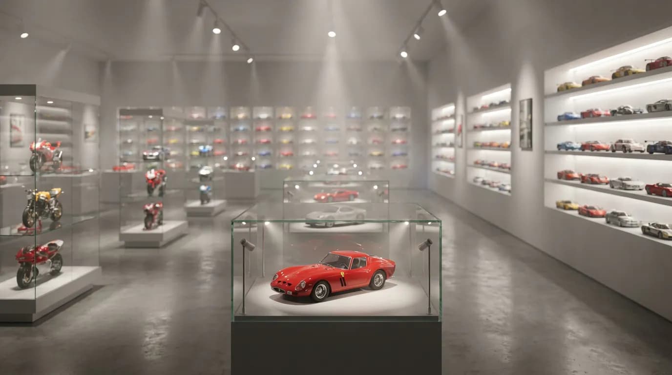 Collection de miniatures auto et moto Miniafans Vaste collection de miniatures de voitures et motos de sport haut de-gamme, éclairage de studio dramatique, style magazine de luxe pour Miniafans.