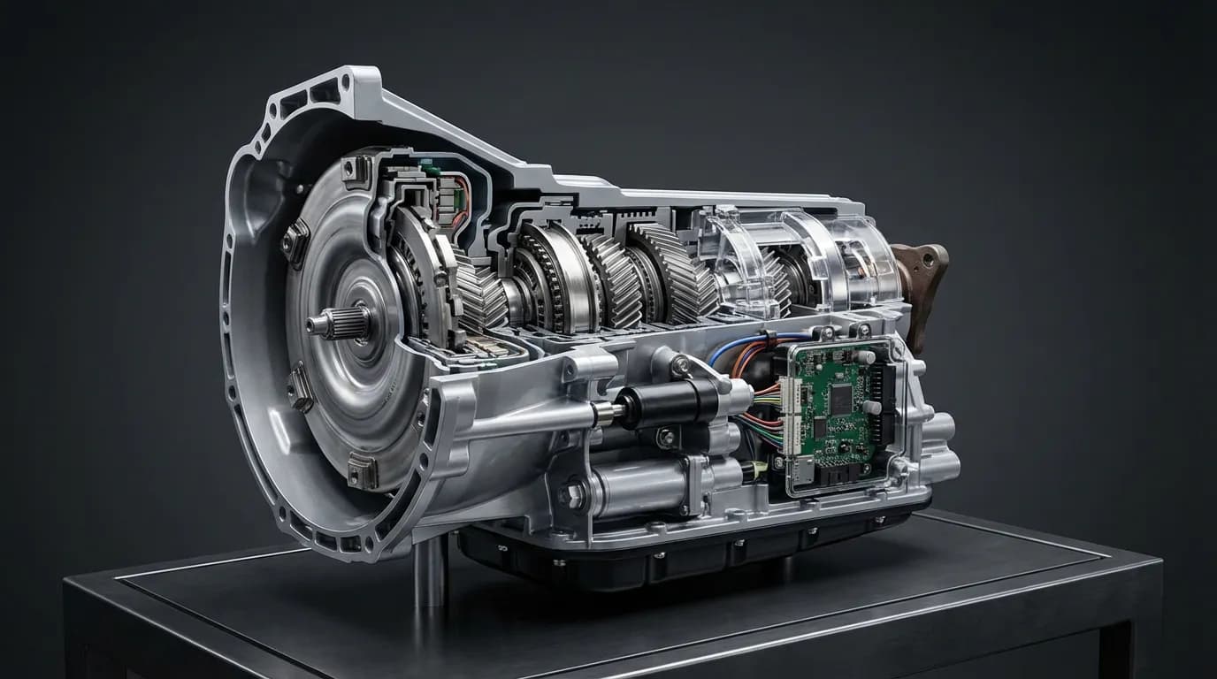 Mécanisme Interne Boîte 2-Tronic Illustration technique en coupe de la boîte de vitesses automatique 2-Tronic, exposant ses pannes et sa complexité mécanique.