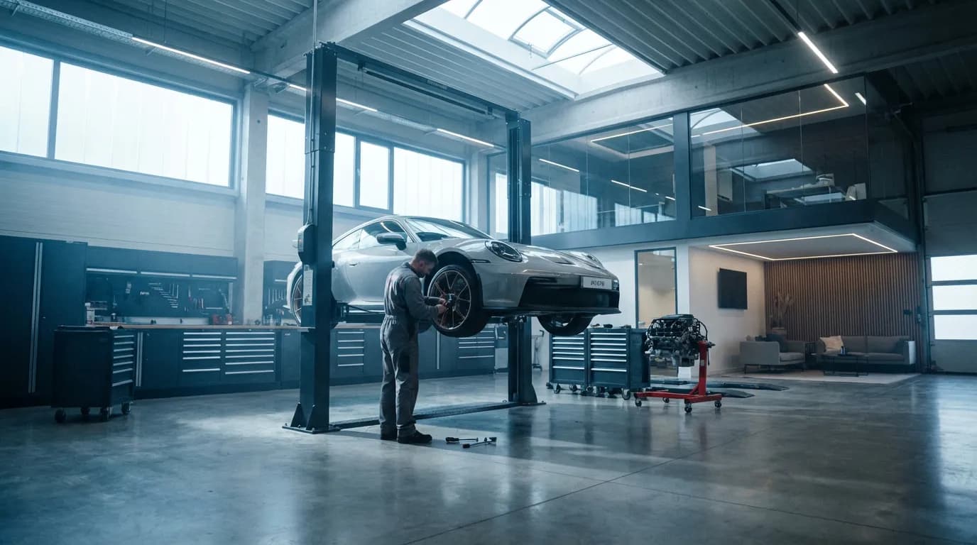 Remplacement amortisseur en atelier Atelier mécanique moderne avec un véhicule sur pont élévateur pour remplacement des amortisseurs.