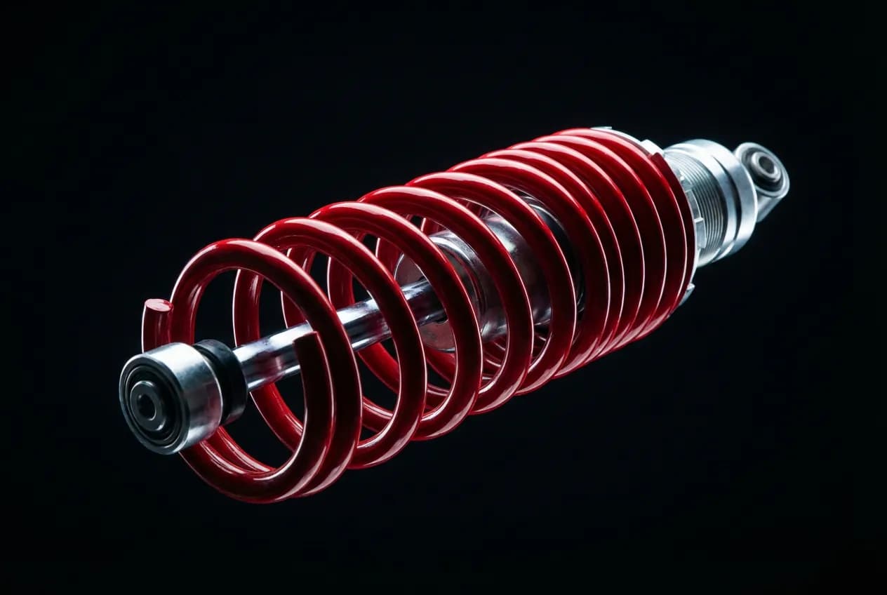 Meilleure marque amortisseur : Top 5 et Comparatif 2024 Gros plan studio sur un amortisseur de voiture neuf avec ressort rouge sur fond sombre