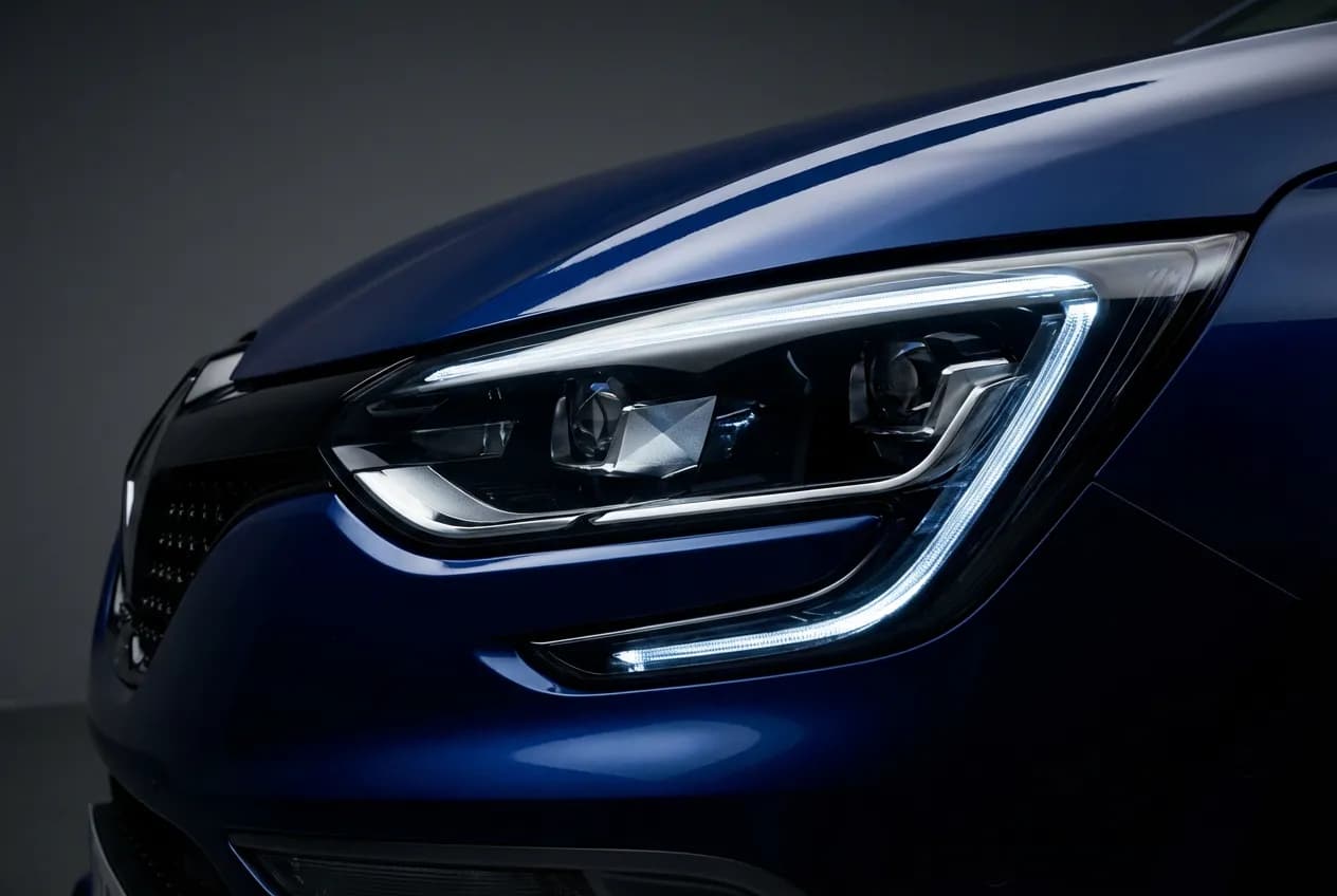 Mégane GT 1.6 TCe 205 : Fiabilité, Avis et Bilan Occasion Gros plan sur le phare LED signature d'une Renault Mégane GT bleue