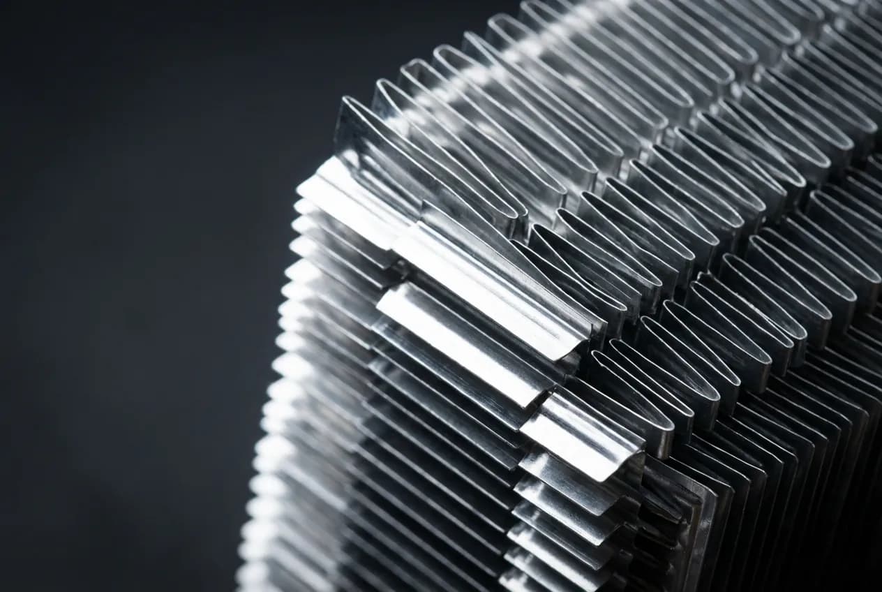 Condenseur Clim Clio 3 : Guide Complet (Symptômes, Prix) Gros plan macro sur les ailettes d'un condenseur de climatisation neuf pour Clio 3, sur fond neutre.