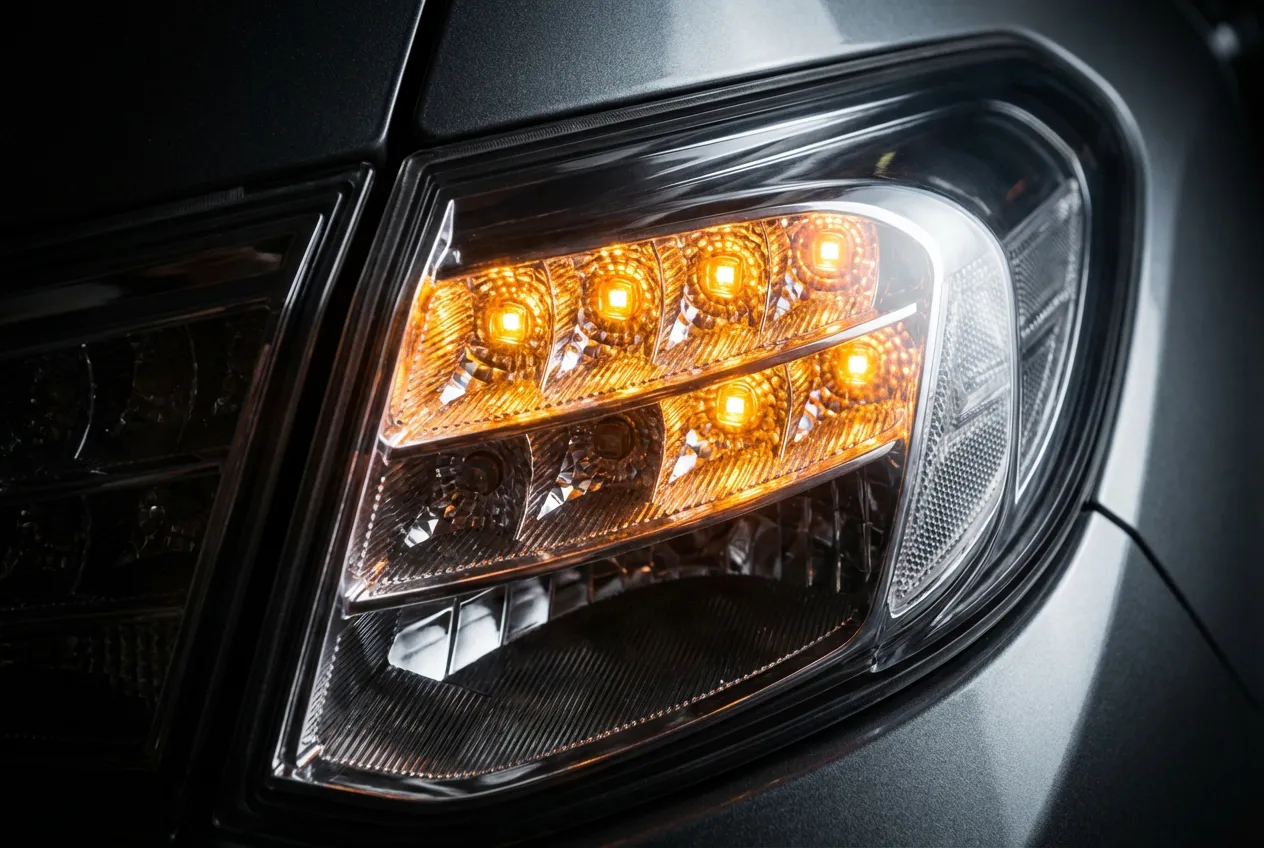 Gros plan artistique sur le clignotant arrière orange d'une voiture moderne