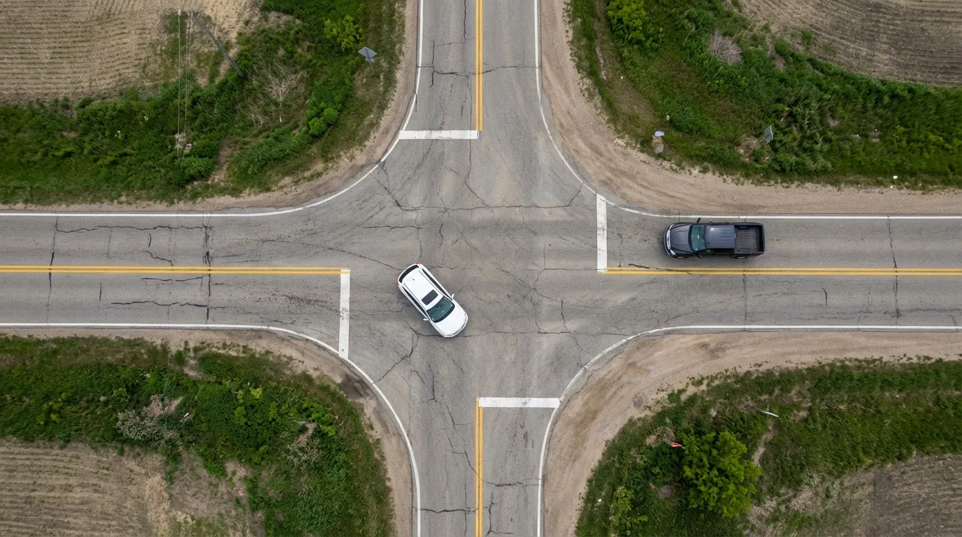 Vue aérienne par drone montrant la manœuvre de dépassement par la droite d'un véhicule tournant à gauche