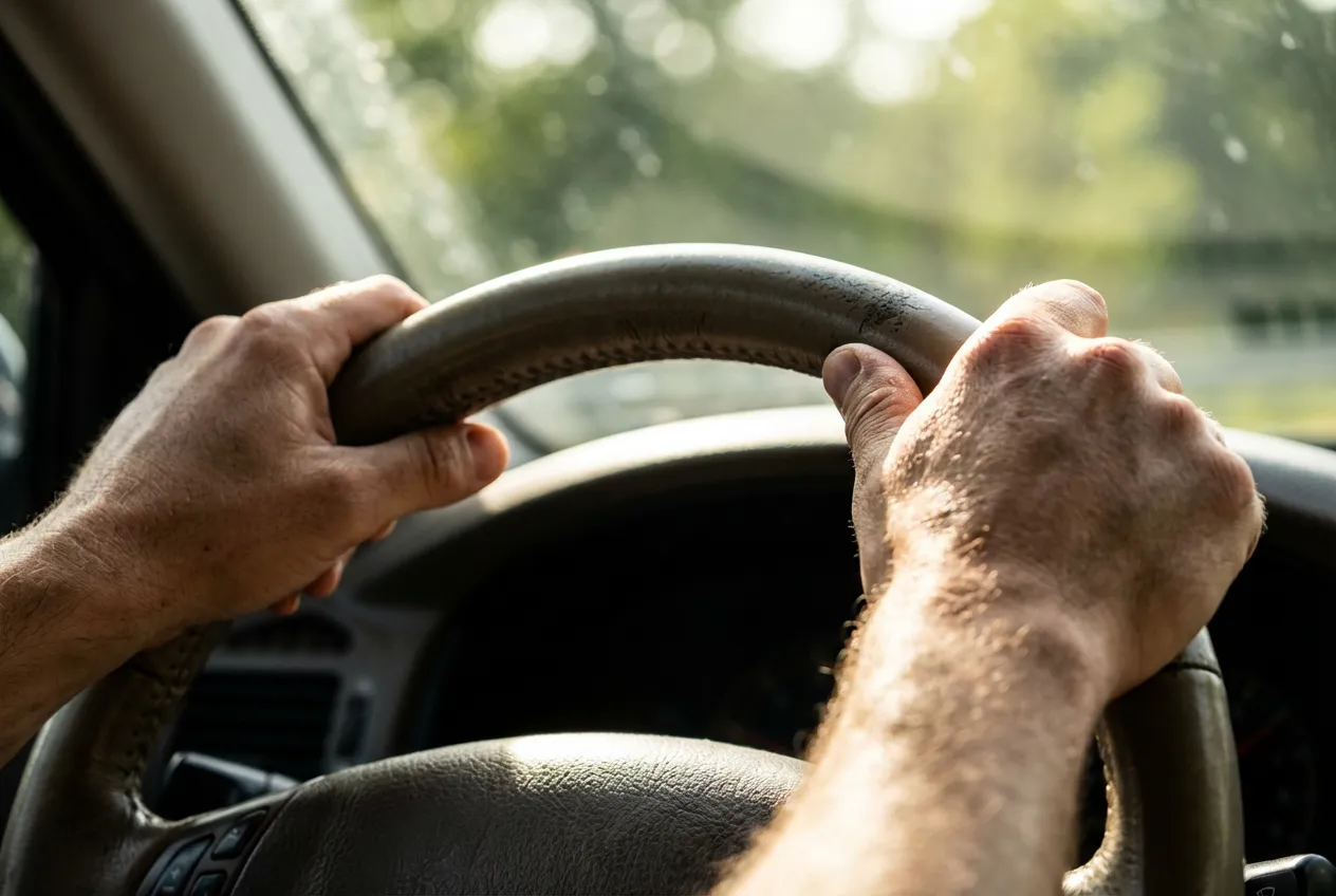 Gros plan sur les mains d'un conducteur sur le volant lors d'une leçon de conduite