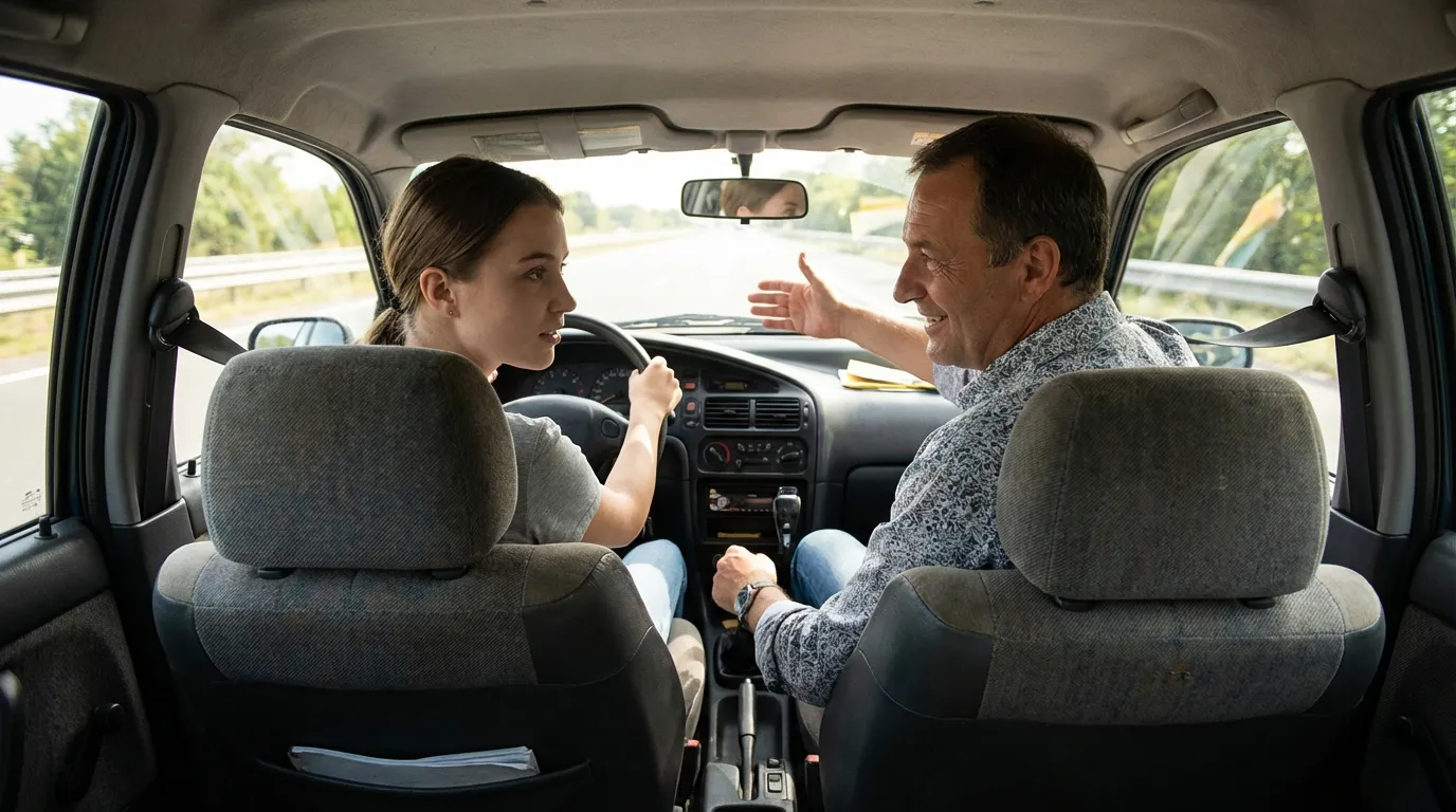 Moniteur d'auto-école pédagogue donnant une leçon de conduite à un élève à Canéjan