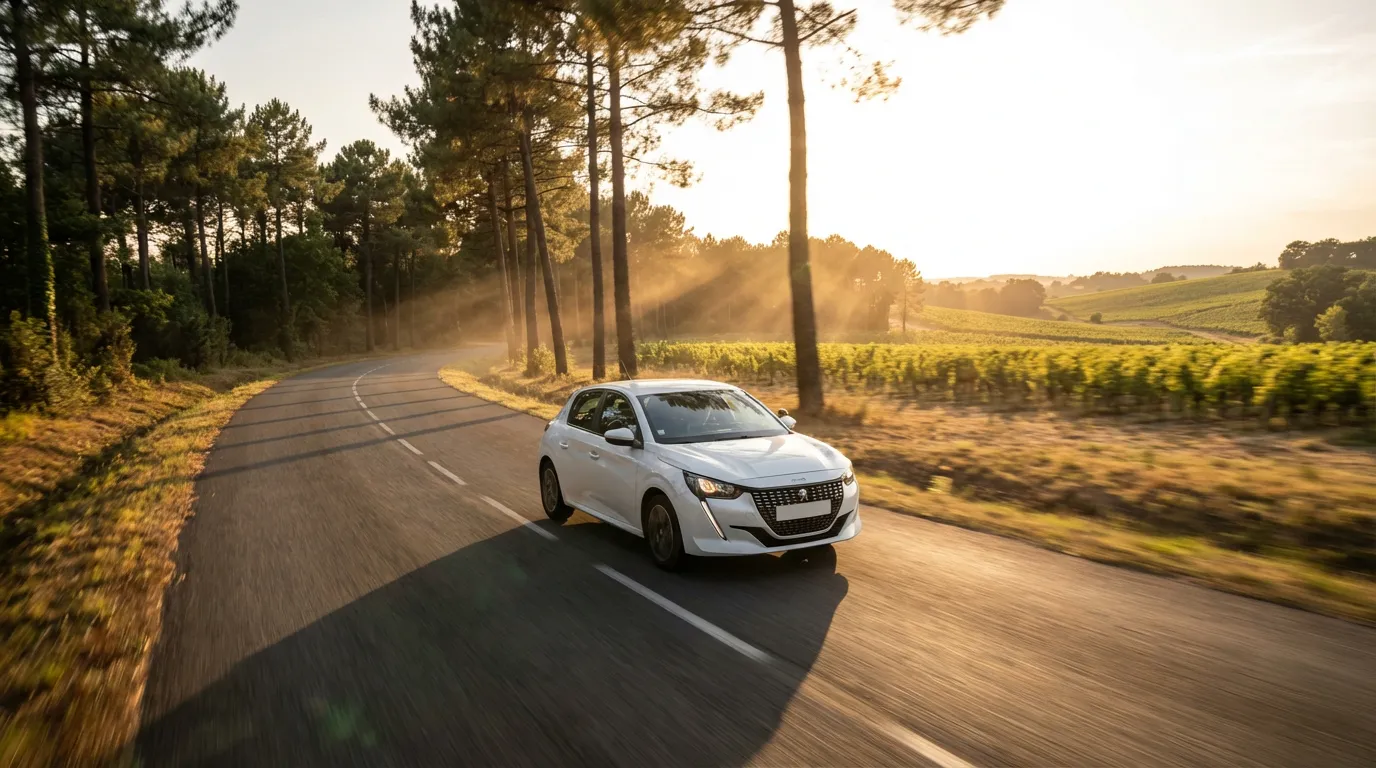 Voiture auto-école circulant sur une route bordée de pins à Canéjan en Gironde au coucher du soleil