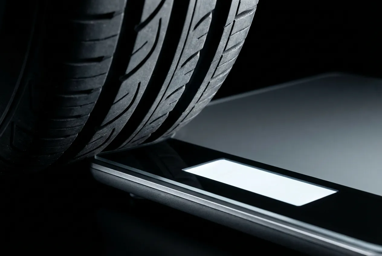 Gros plan d'un pneu de voiture posé sur une balance électronique portable