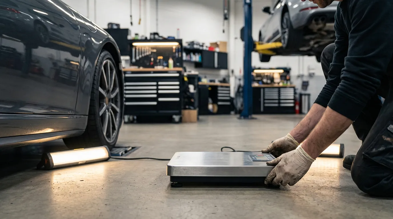 Mécanicien installant un système de pesage portable sous la roue d'un véhicule dans un garage