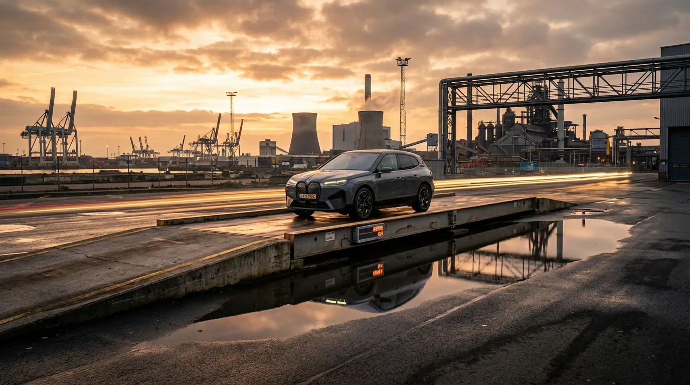 Véhicule sur pont-bascule industriel SUV moderne positionné sur un pont-bascule industriel au coucher du soleil pour une pesée précise